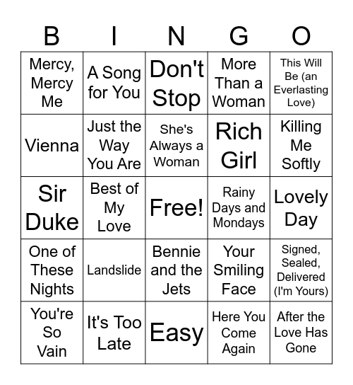 1970s BINGO by Song Bingo Card
