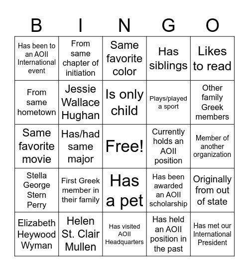 AOII Founders Day 2024 Bingo Card