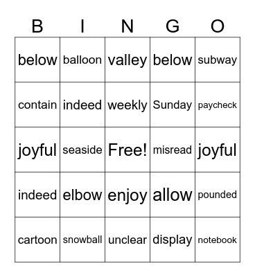 Vowel Team Bingo Card