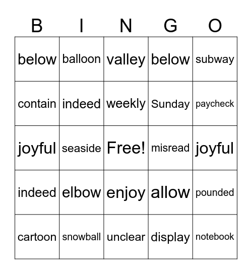 Vowel Team Bingo Card