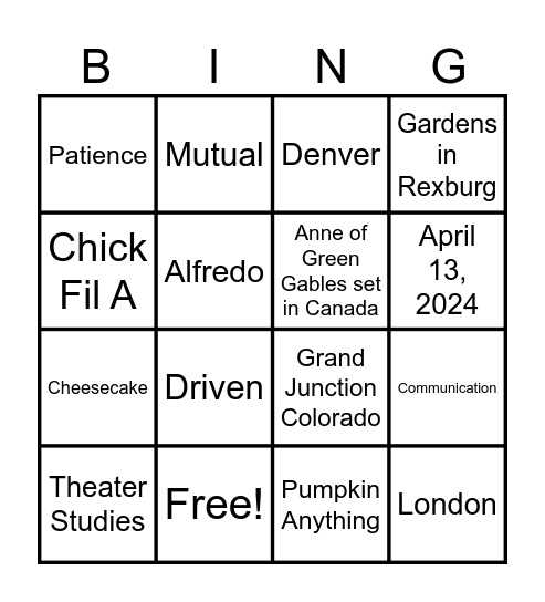 Jenna and Abe Bingo Card