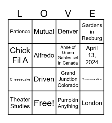 Jenna and Abe Bingo Card