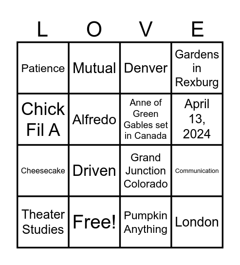 Jenna and Abe Bingo Card
