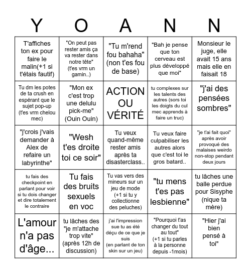 Bingo de L'obsédé (si tu gagnes consulte.) Bingo Card