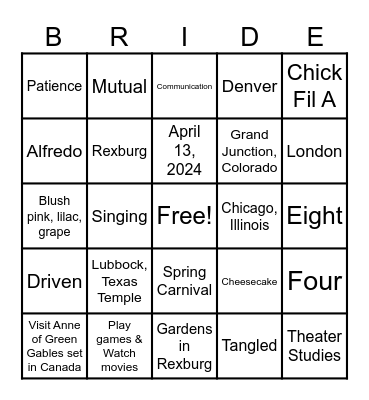 Jenna and Abe Bingo Card