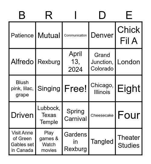 Jenna and Abe Bingo Card