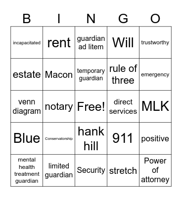 Guardianship and Advocacy Bingo Card