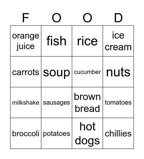 Food Bingo Card