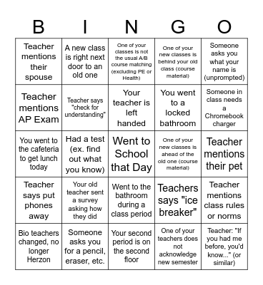 First Day of Second Semester Bingo Card