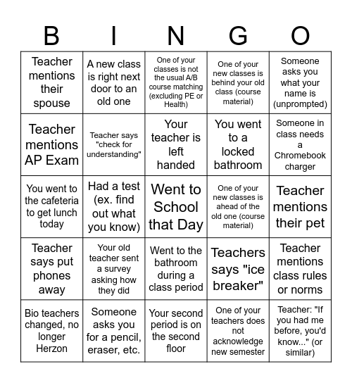 First Day of Second Semester Bingo Card