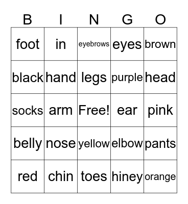 Body Parts and Colors Bingo Card