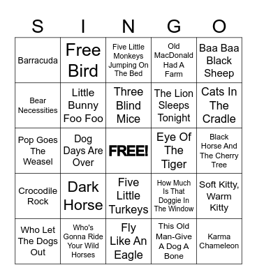 Animal Theme SINGO Bingo Card