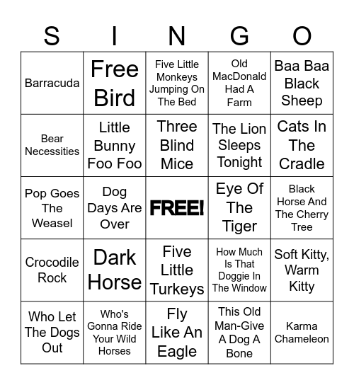 Animal Theme SINGO Bingo Card