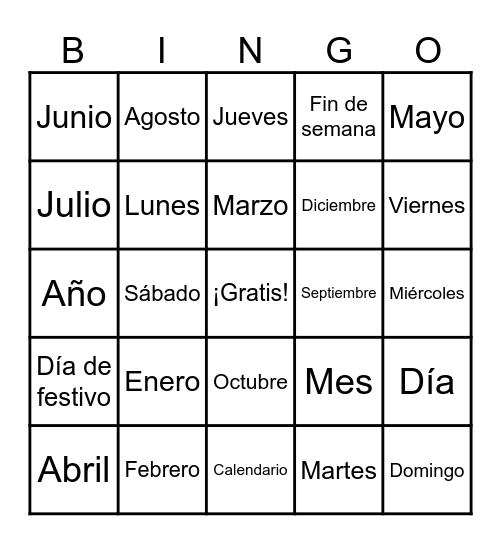 Spanish Calendar Bingo Card