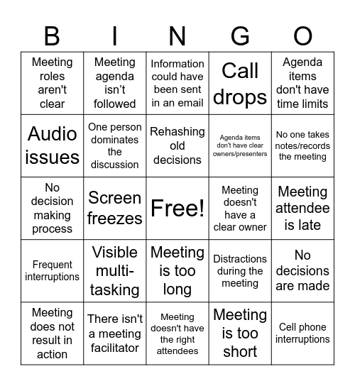 Bad Meeting Bingo Card