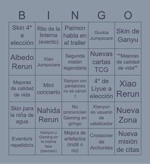 Genshin 4.4 Livestream Bingo Card