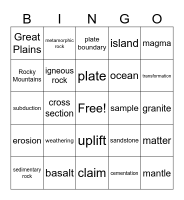 Rock Transformations Bingo Card