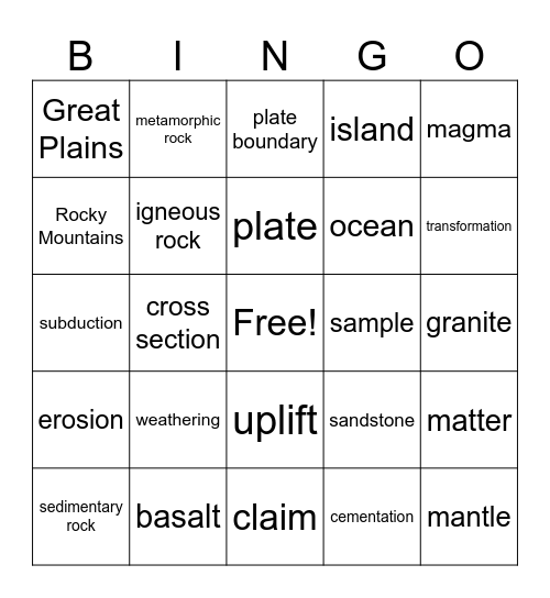 Rock Transformations Bingo Card