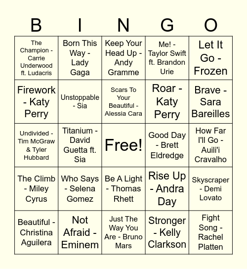 Wellness Music Bingo Card