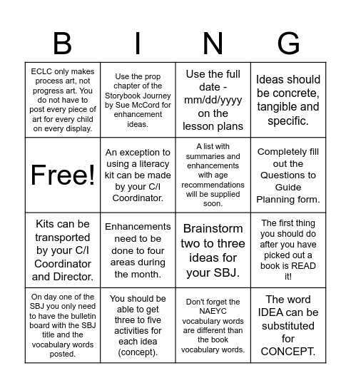 Story Book Journey Bingo Card