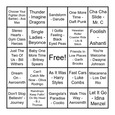 Valentine's Dance Music Bingo Card