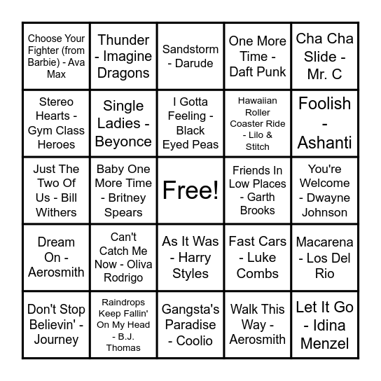 Valentine's Dance Music Bingo Card