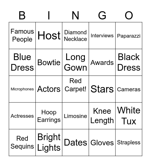 Red Carpet Bingo Card