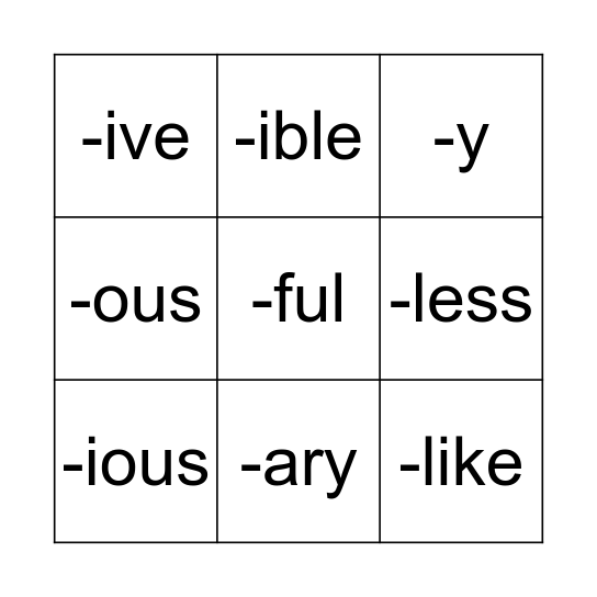 Suffix Bingo Card