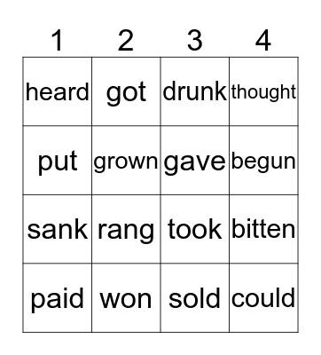 Irregular Verbs Bingo Card