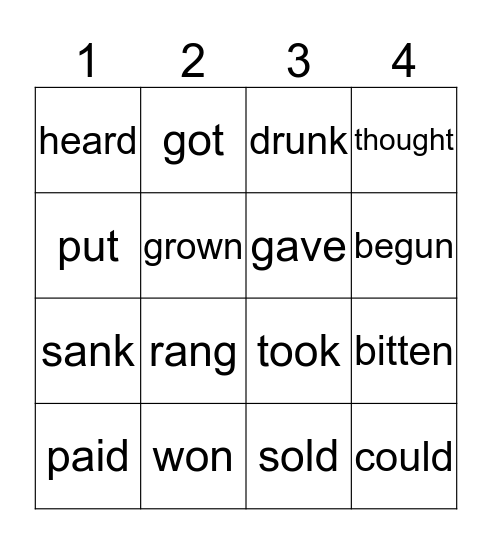 Irregular Verbs Bingo Card