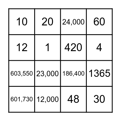 Numbers Bible Bingo Card