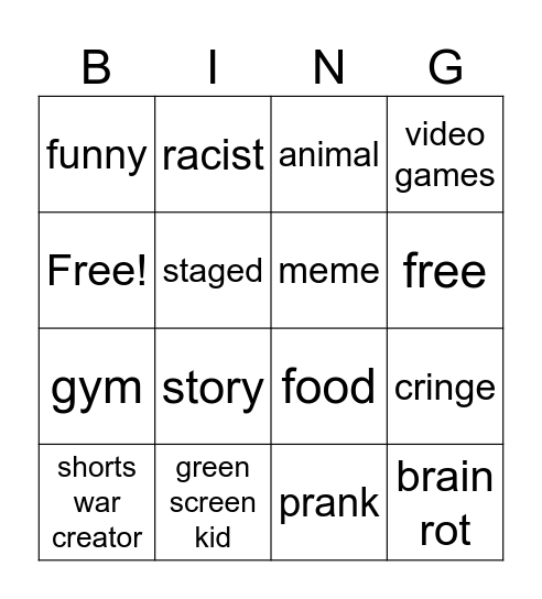 yt shorts Bingo Card