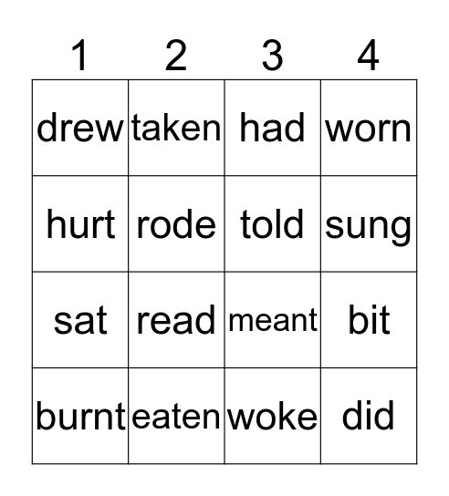 Irregular Verbs Bingo Card