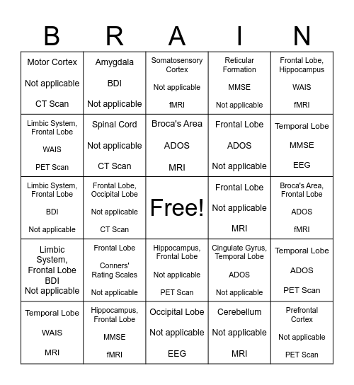 Brain Evaluation & Organization Bingo Card