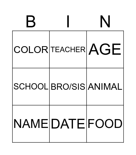 Questions Bingo Card