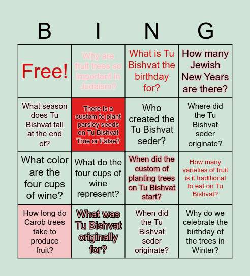 Tu Bishvat Bingo Card