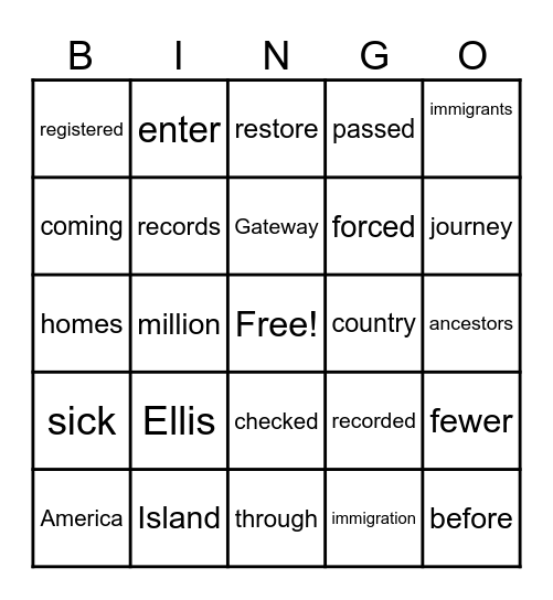 Ellis Island Bingo Card