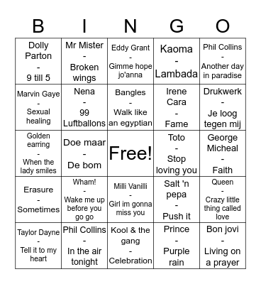 Muziek bingo 80's Bingo Card