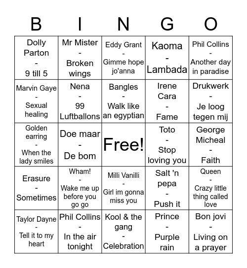 Muziek bingo 80's Bingo Card
