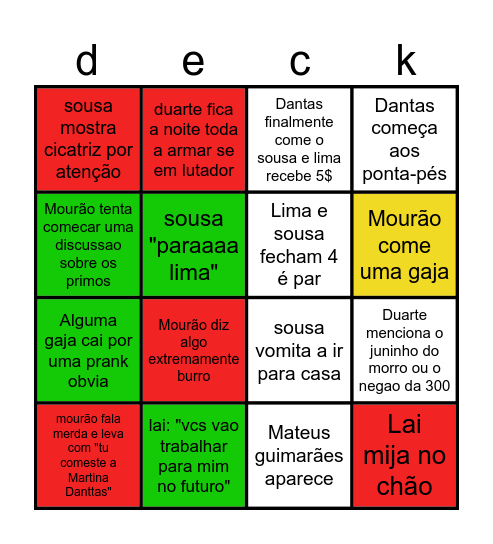 deck bar Bingo Card