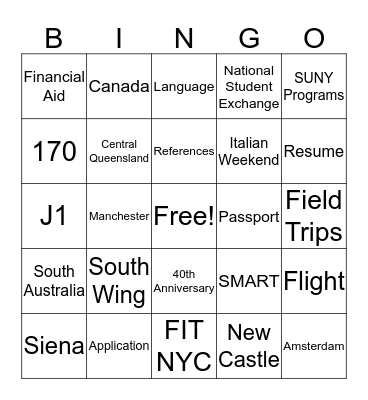 Study Abroad Bingo Card