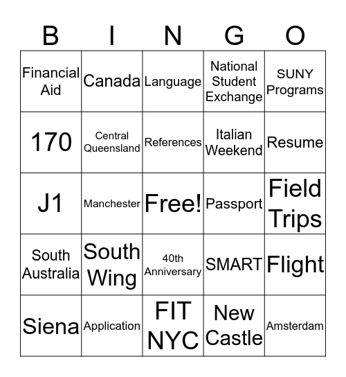 Study Abroad Bingo Card