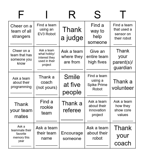 FLL FIRST-O  (See Team Ultra Bionic Team #1998 (Wearing Tie Dye) for a card so you can play too) Bingo Card