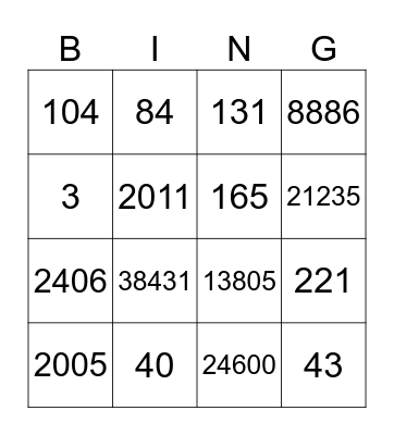 CO number Bingo Card