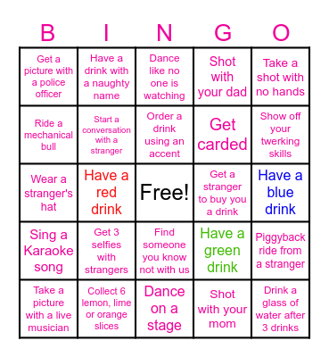 21st Birthday Family Bar Crawl Bingo Card