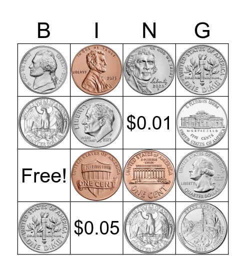 Coin Identification Bingo Card