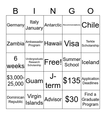Study Abroad Bingo Card