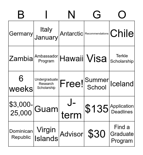 Study Abroad Bingo Card