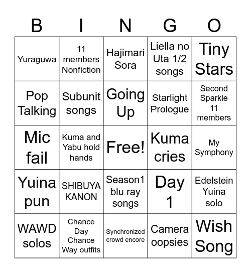 Liella 5L bingo Card