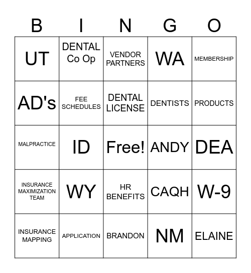 Dental Co Op Bingo Card